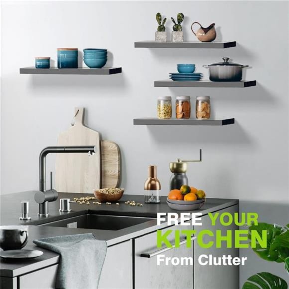 Wall Shelves, Rustic Wood Floating Shelves Set of 4, Hanging Storage Shelf - Picture 4 of 6